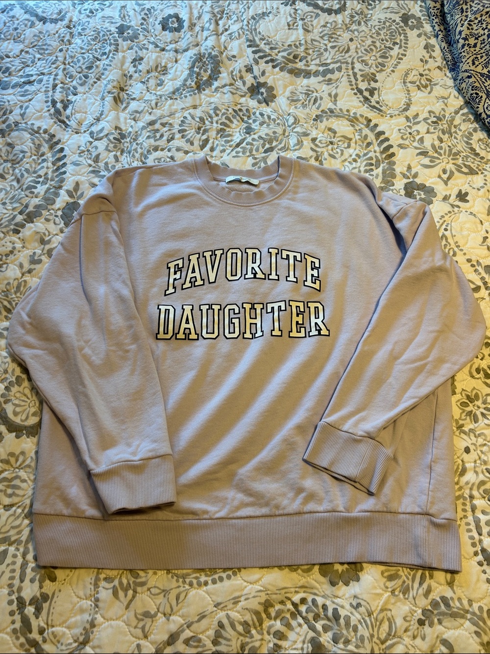 Favorite Daughter Lavender Crewneck Sweatshirt with Yellow-Outlined Lettering